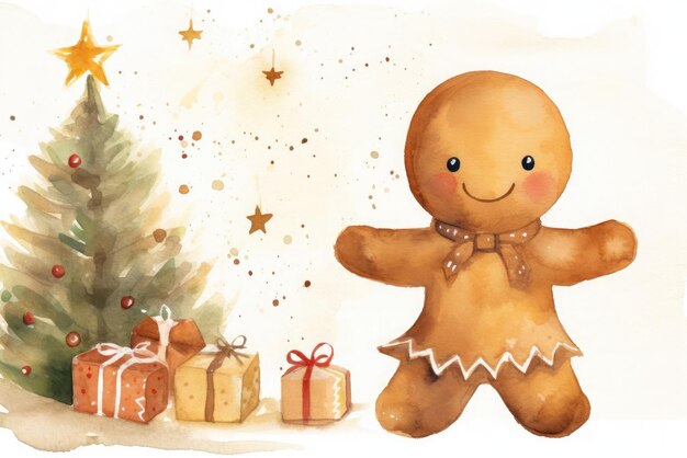 Carino e stravagante gouache uomo di pane di zenzero illustrazioni di libri per bambini acquerello Christmascore