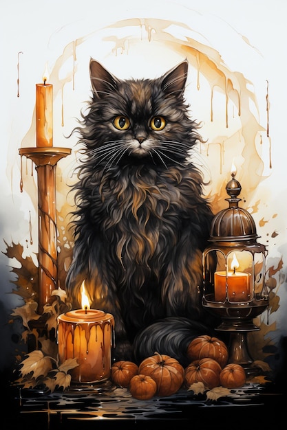 Carino gattino nero seduto vicino alle candele e alle foglie d'autunno cartella di Halloween