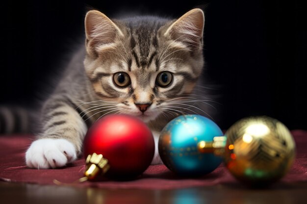 Carino gattino tabby con ornamenti di Natale su sfondo scuro