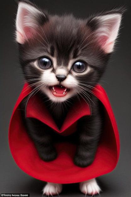 Carino gattino vampiro con il costume delle zanne e un mantello rosso