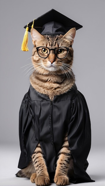 Carino gatto a righe marroni che indossa il berretto di laurea e l'abito di laurea