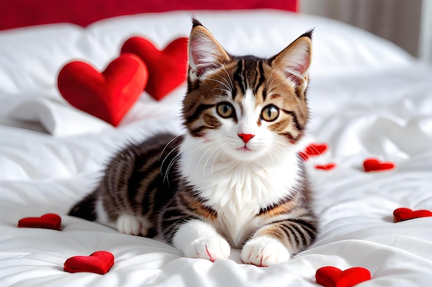 carino gatto a righe su una coperta leggera soffice e piccoli cuori di peluche rossi foto piattaforma Playground AI