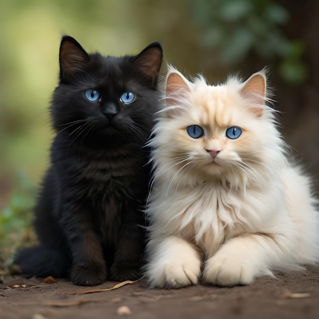 carino gatto angora soffice con gli occhi blu che giace accanto al gatto di Bombay che ha nero generato da AI