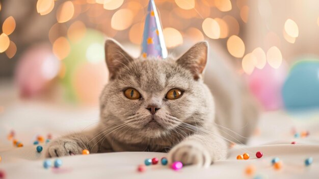 carino gatto britannico a pelo corto che celebra il suo compleanno di un anno