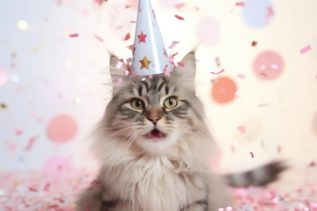 Carino gatto di compleanno adorabile con confetti e cappello da festa seduto su uno sfondo bianco