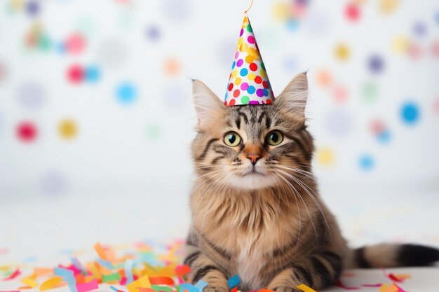 Carino gatto di compleanno adorabile con confetti e cappello da festa seduto su uno sfondo bianco