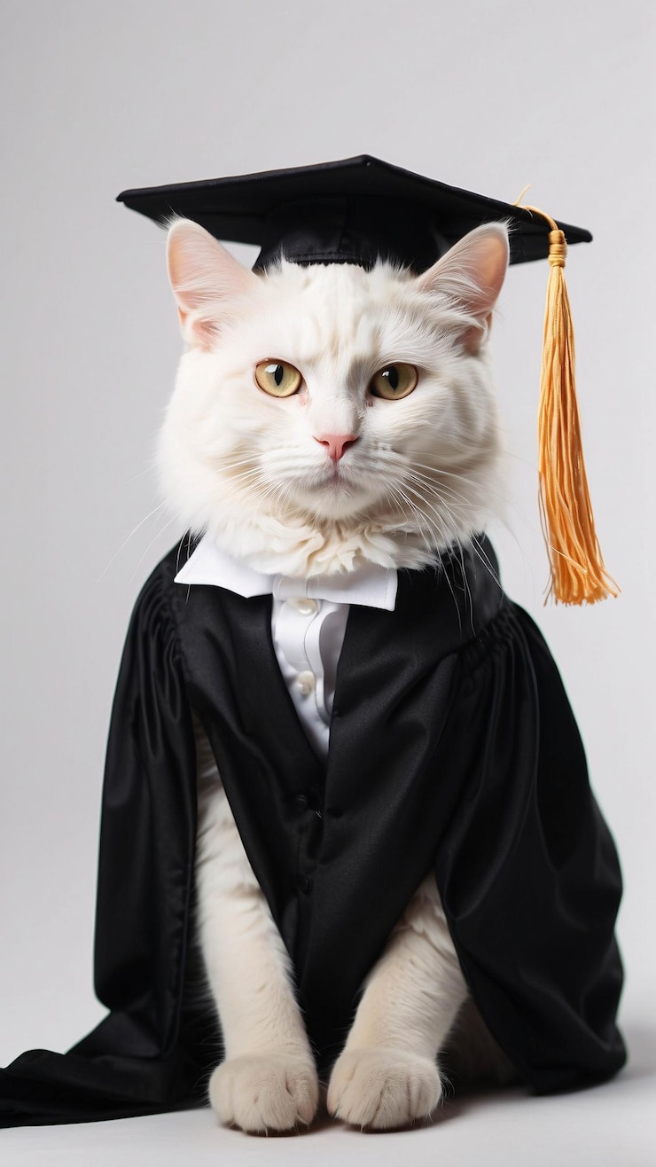 Foto carino gatto di pelliccia bianca che indossa il berretto di laurea e l'abito di laurea