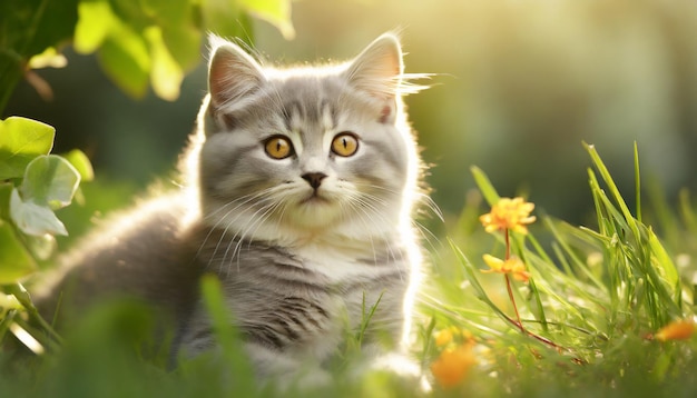carino gatto domestico seduto nell'erba sulla natura all'aperto