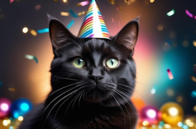 Carino gatto nero con un berretto festivo su uno sfondo sfocato di palloncini e confetti festivi