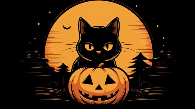 Carino gatto nero e zucca su sfondo arancione per il tema di Halloween