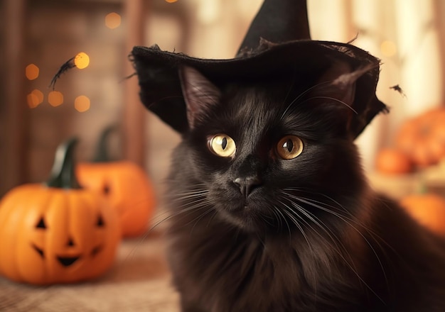 Carino gatto nero in costume di strega sfondo di Halloween felicità Samhain biglietto di auguri AI generativa