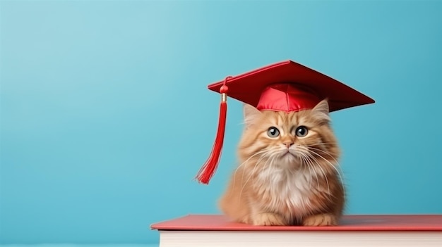 Carino gatto rosso che celebra con il berretto di laurea sullo sfondo pastello minimalista