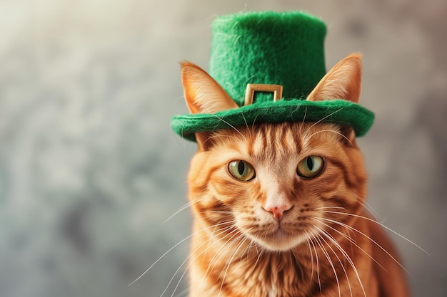 Carino gatto rosso che indossa un cappello verde per il giorno di San Patrizio con fibbia