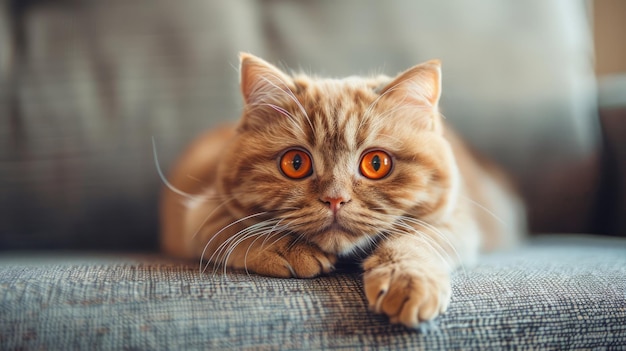 Carino gatto rosso scozzese con occhi arancioni che si sdraiano su un divano di tessuto grigio a casa