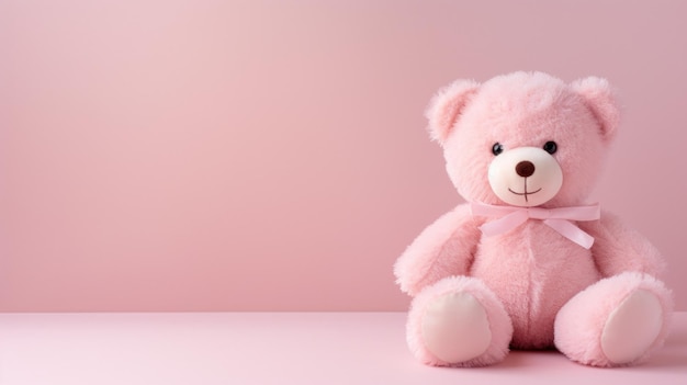 Carino giocattolo di peluche di orso su sfondo rosa pallido con spazio di copia generato dall'IA