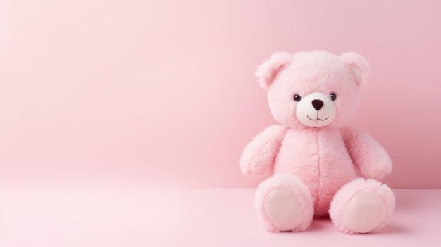 Carino giocattolo di peluche di orso su sfondo rosa pallido con spazio di copia generato dall'IA