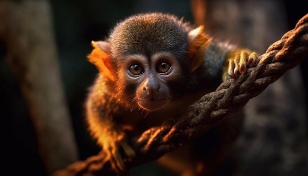Carino giovane macaco seduto sul ramo di un albero generato dall'intelligenza artificiale