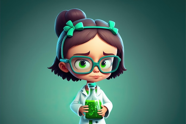 Carino giovane scienziato ragazza in possesso di un pallone da laboratorio su sfondo verde stile cartone animato 3D