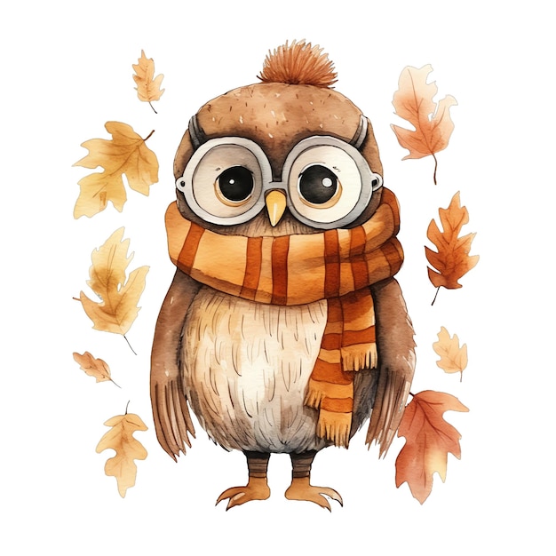 Carino gufo ad acquerello con sciarpa in autunno in autunnale con illustrazione di foglie