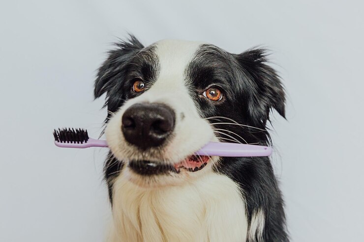 Carino intelligente cucciolo di cane border collie che tiene lo spazzolino da denti in bocca isolato su sfondo bianco o