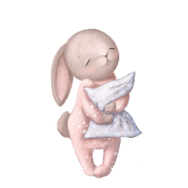 Carino lepre assonnata in pigiama con cuscino acquerello illustrazione clipart per bambini
