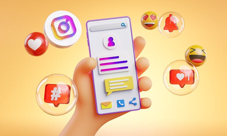 Foto carino mano che tiene telefono instagram icone intorno al rendering 3d