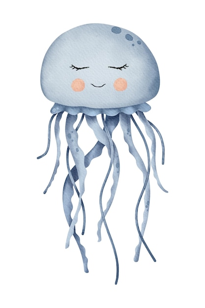 Carino meduse in colore blu su sfondo isolato sottomarino cartone animato medusa acquerello disegnato a mano