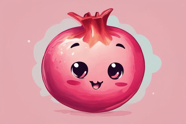 carino melograno sorridente con cuore rosa in un'illustrazione vettoriale di sfondo rosa