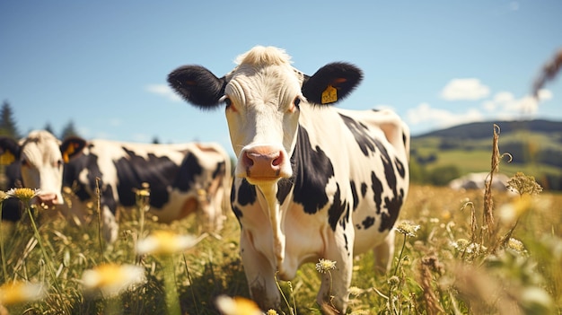 Carino mucca al pascolo nel prato verde sotto il sole estivo