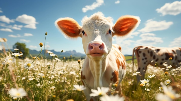 Carino mucca al pascolo nel prato verde sotto il sole estivo