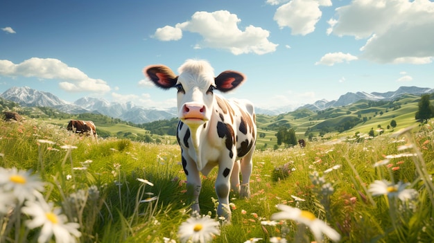 Carino mucca al pascolo nel prato verde sotto il sole estivo