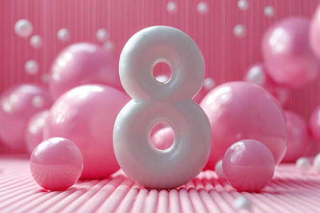 Carino numero bianco 8 come palloncino su sfondo rosa Cartolina per la Giornata della Donna