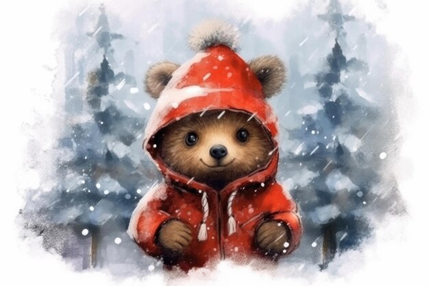 Carino orso di Natale su uno sfondo di abeti stile acquerello con spazio per il testo