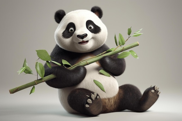 Carino orso panda con bastone di bambù illustrazione 3D