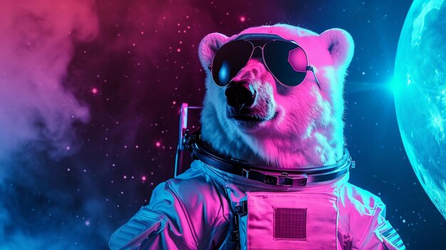 Carino orso polare spaziale vestito in abito da astronauta con occhiali da sole in rosa e blu Generative Ai