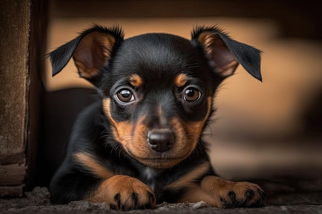 Carino paffuto nero e bellissimo cucciolo di pinscher minuscolo con occhi marroni e una faccia felice da vicino rilassandosi all'aperto sul pavimento di una casa rurale in estate