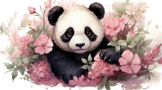 Carino panda con fiori acquerello illustrazione IA generativa