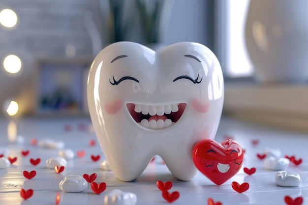 Carino personaggio 3D con i denti e i cuori rossi