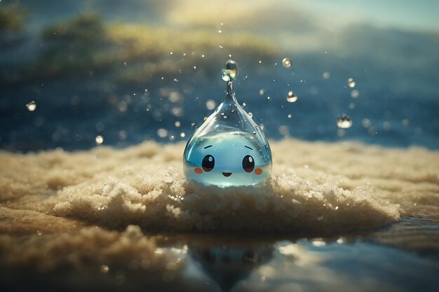 Carino personaggio di goccia d'acqua vive in una piccola nuvola che appare annoiato studio ghibli