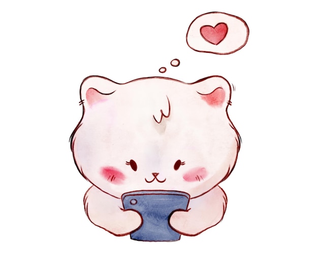 Carino personaggio gatto con telefono e messaggio di cuore in stile acquerello kawaii