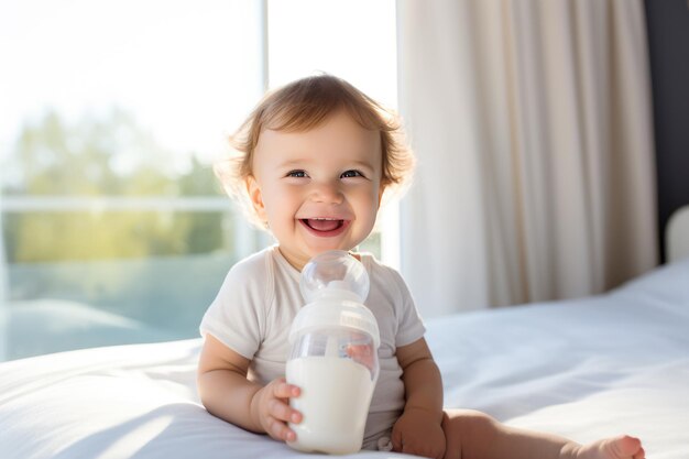 carino piccolo bambino felice in possesso di un biberon con latte e sorridente Formula di latte per neonati
