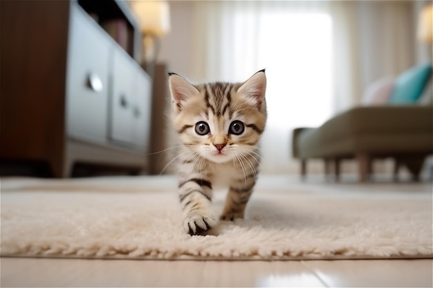 Carino piccolo gattino da caccia giocoso su un tappeto in una stanza Generato ai