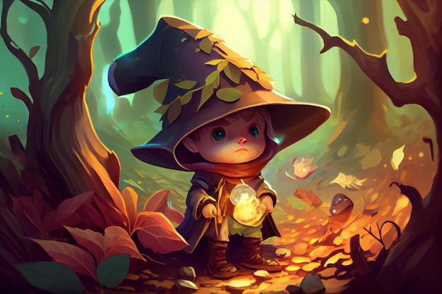 Carino piccolo mago nella foresta incantata