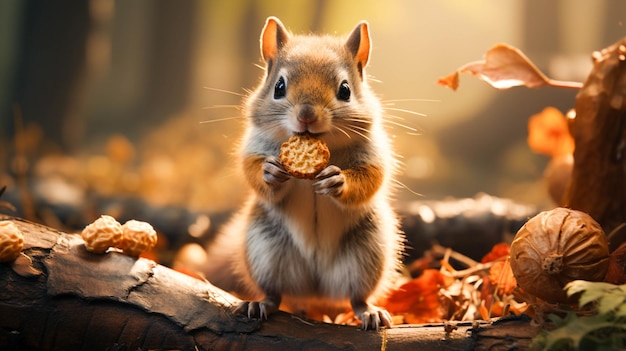 Carino piccolo roditore seduto su un albero che mangia una noce