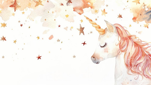 Carino piccolo unicorno ad acquerello con stelle su sfondo bianco