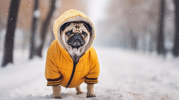 Carino pug in giacca e cappuccio cammina in un parco invernale foto di alta qualità