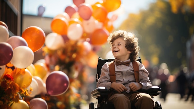 Carino ragazzino disabile in sedia a rotelle con palloncini all'aperto in una giornata di sole in primo piano