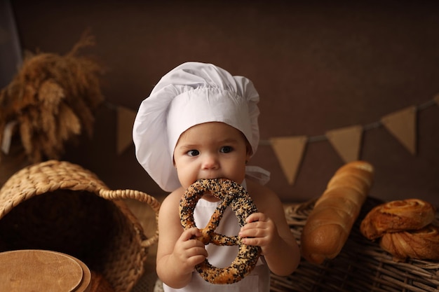 carino ragazzo biondo in un costume da chef ha un bagel