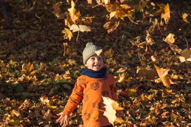 carino ragazzo felice che lancia foglie autunnali all'aperto giornata di sole