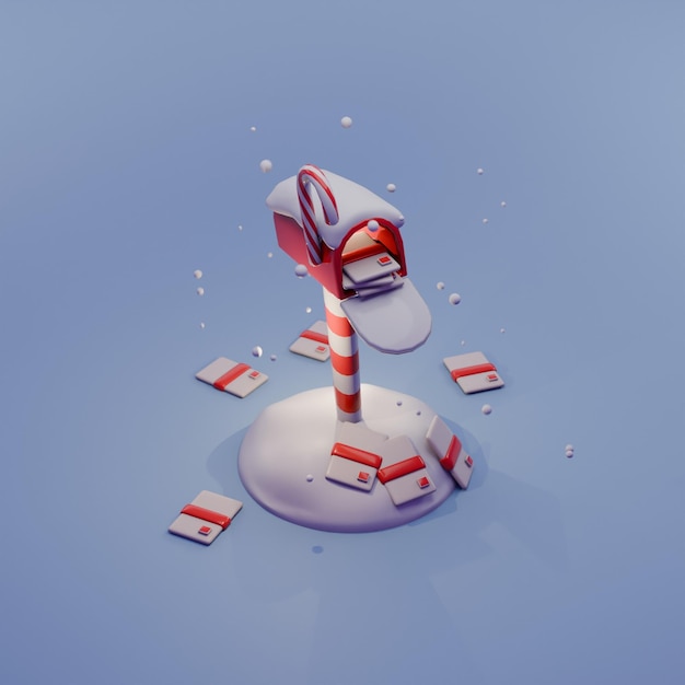 Carino rendering 3D della cassetta postale di Natale piena di lettere sullo sfondo della neve